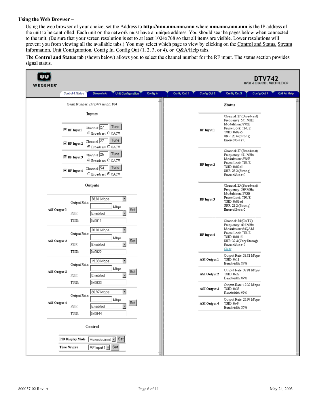 Wegener Communications DTV742 quick start Using the Web Browser 