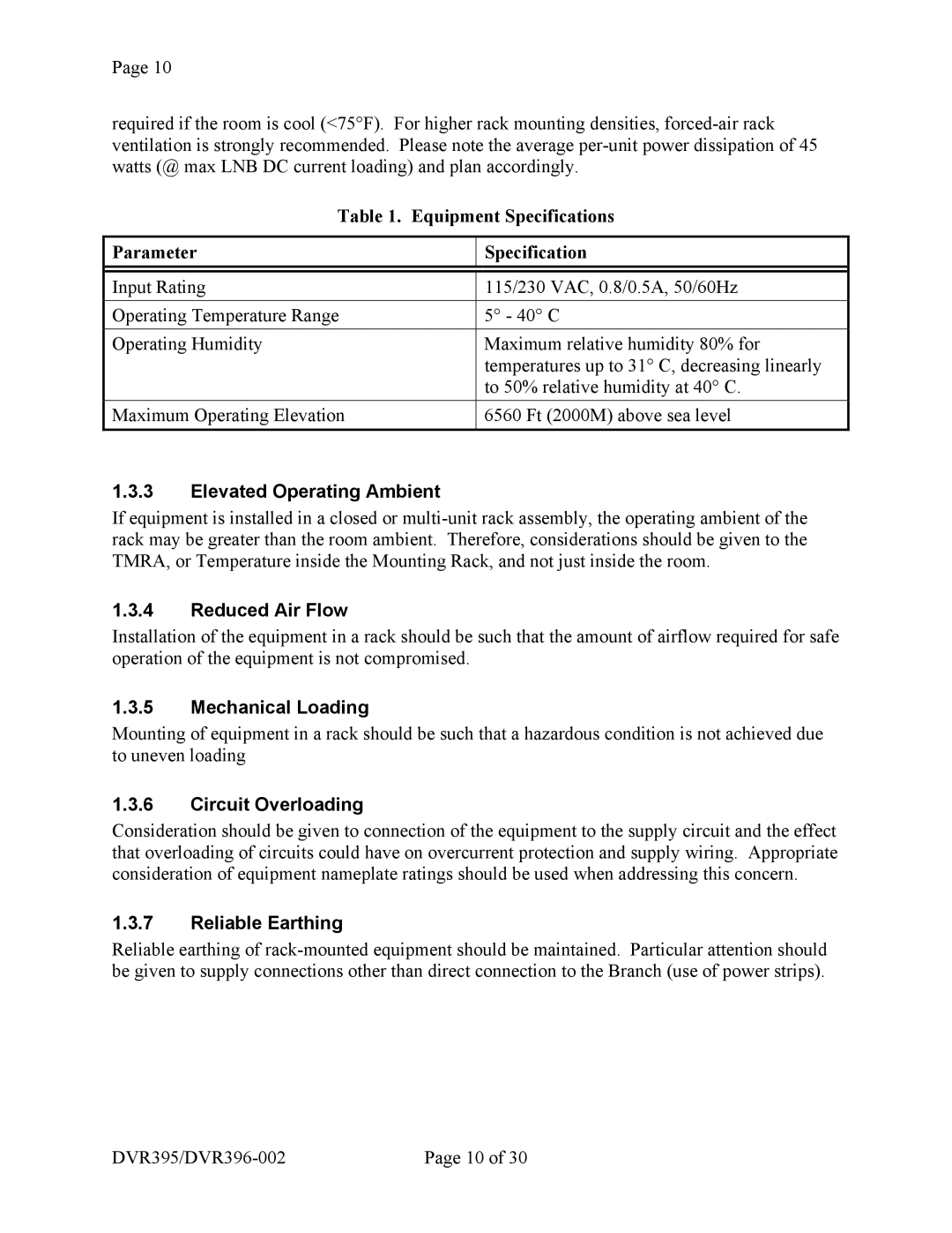 Wegener Communications DVR396, DVR395 manual Equipment Specifications Parameter, Elevated Operating Ambient 