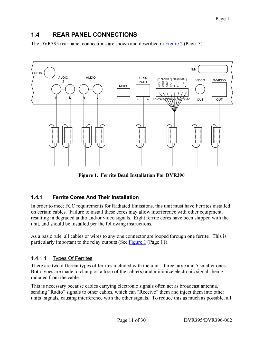 Wegener Communications DVR395 manual Rear Panel Connections, Ferrite Bead Installation For DVR396 