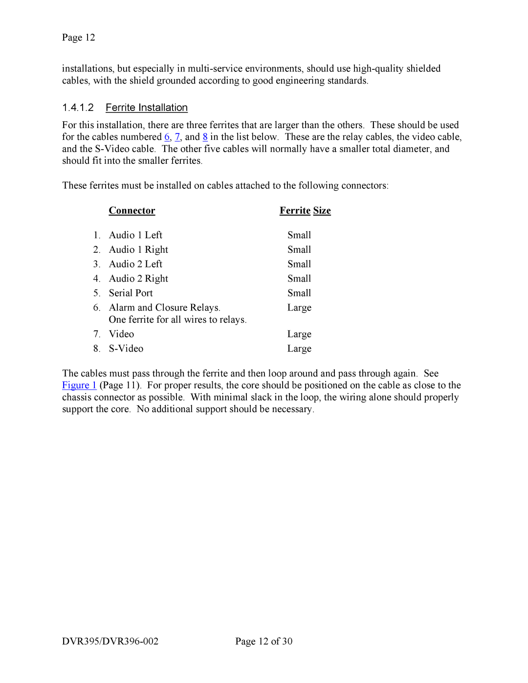 Wegener Communications DVR396, DVR395 manual Ferrite Installation, Connector Ferrite Size 
