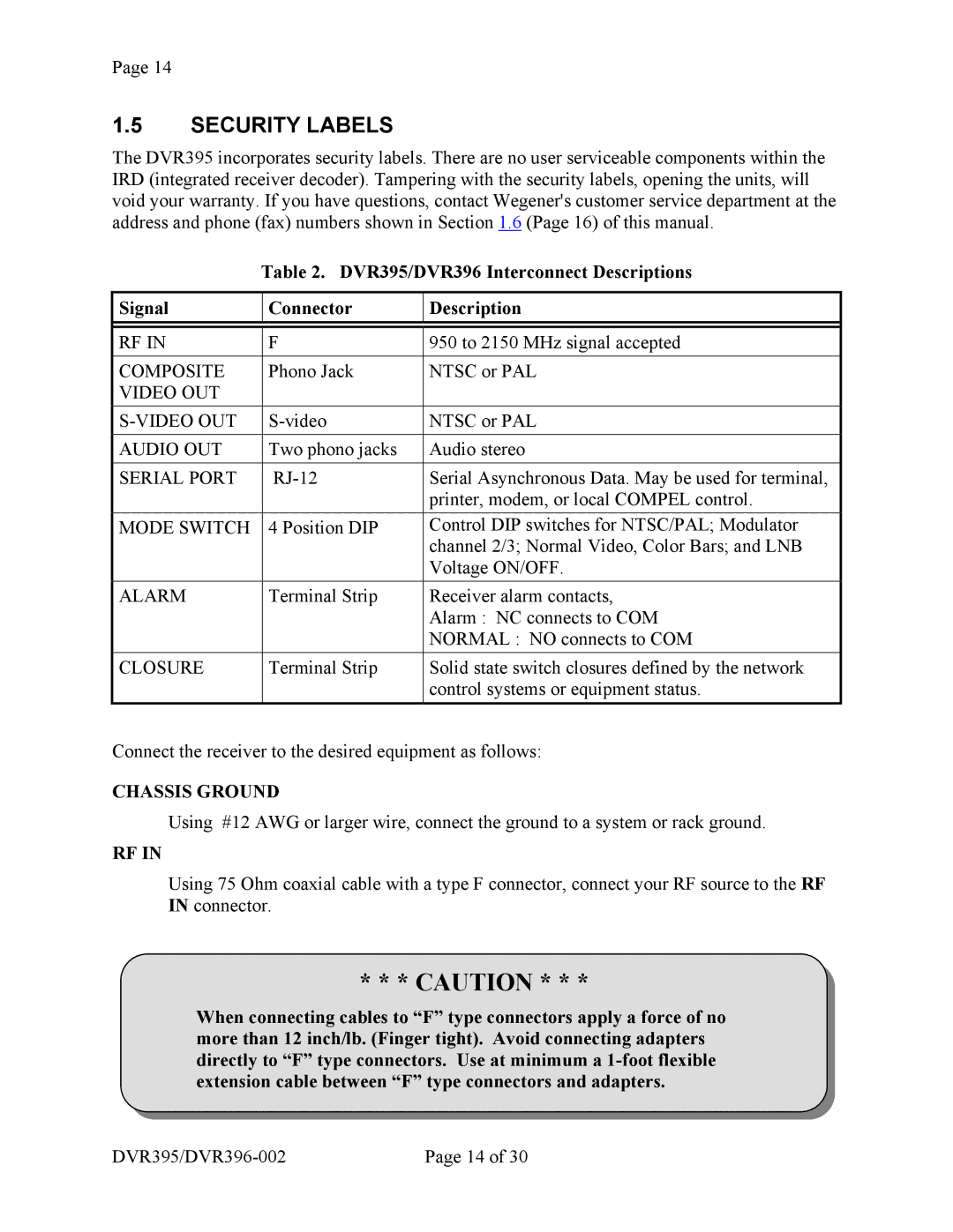 Wegener Communications manual Security Labels, DVR395/DVR396 Interconnect Descriptions Signal Connector 