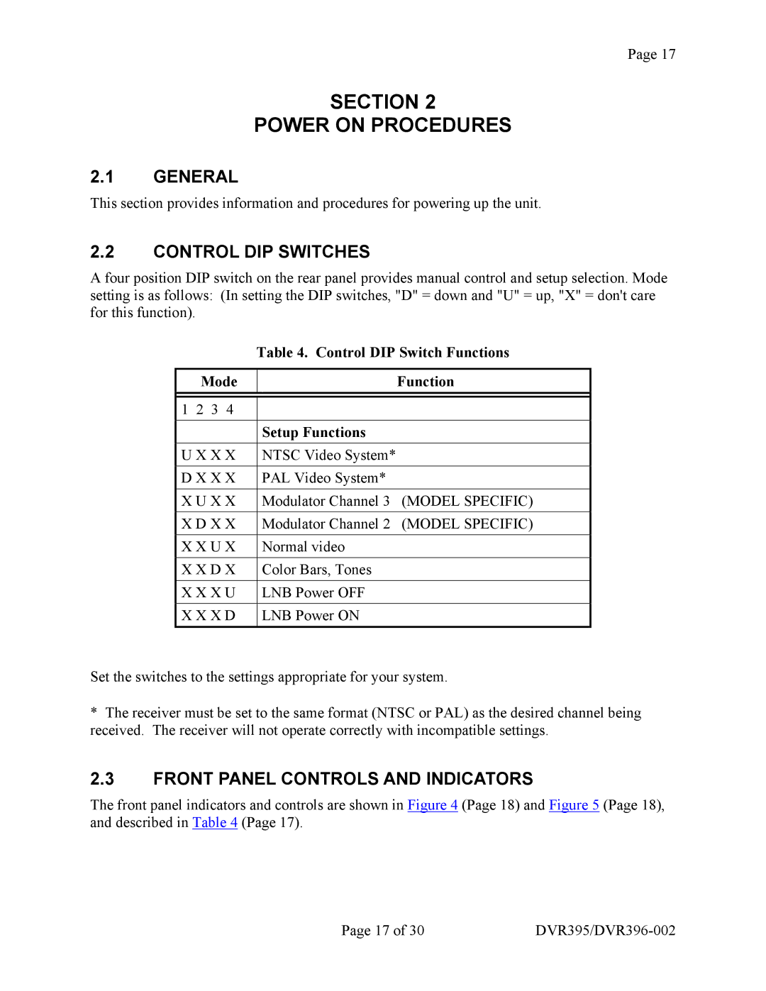 Wegener Communications DVR395, DVR396 manual Section Power on Procedures, General, Control DIP Switches 