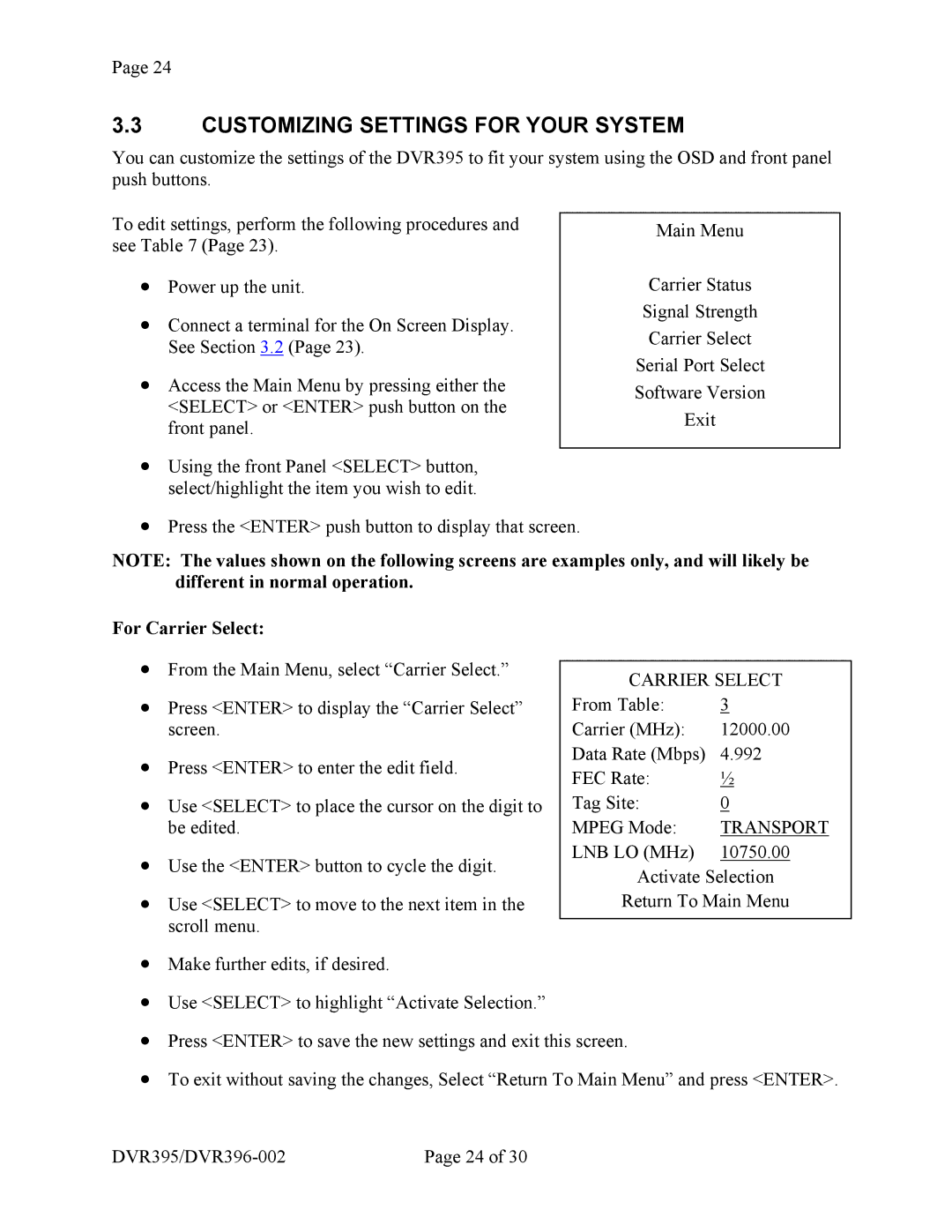 Wegener Communications DVR396, DVR395 manual Customizing Settings for Your System, For Carrier Select, Transport 