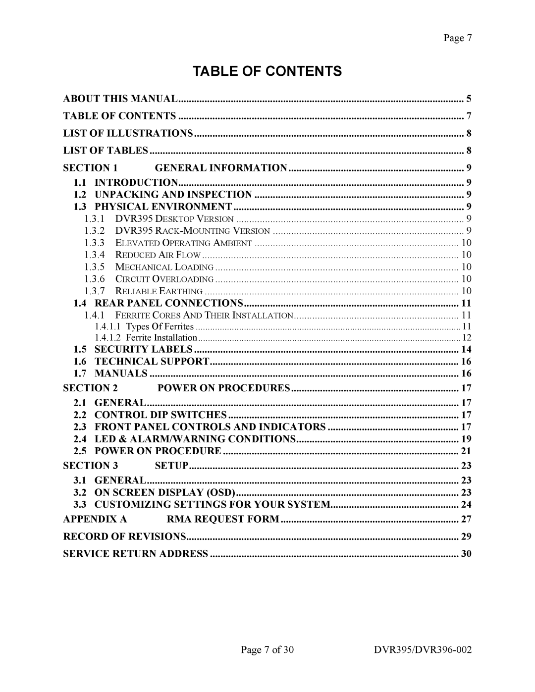 Wegener Communications DVR395, DVR396 manual Table of Contents 