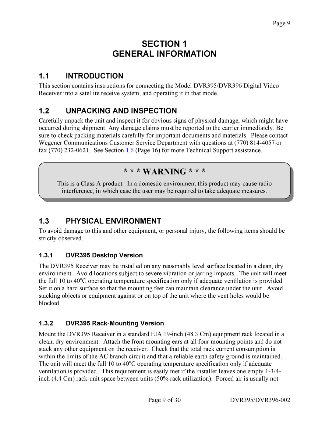 Wegener Communications DVR395 Section General Information, Introduction, Unpacking and Inspection, Physical Environment 