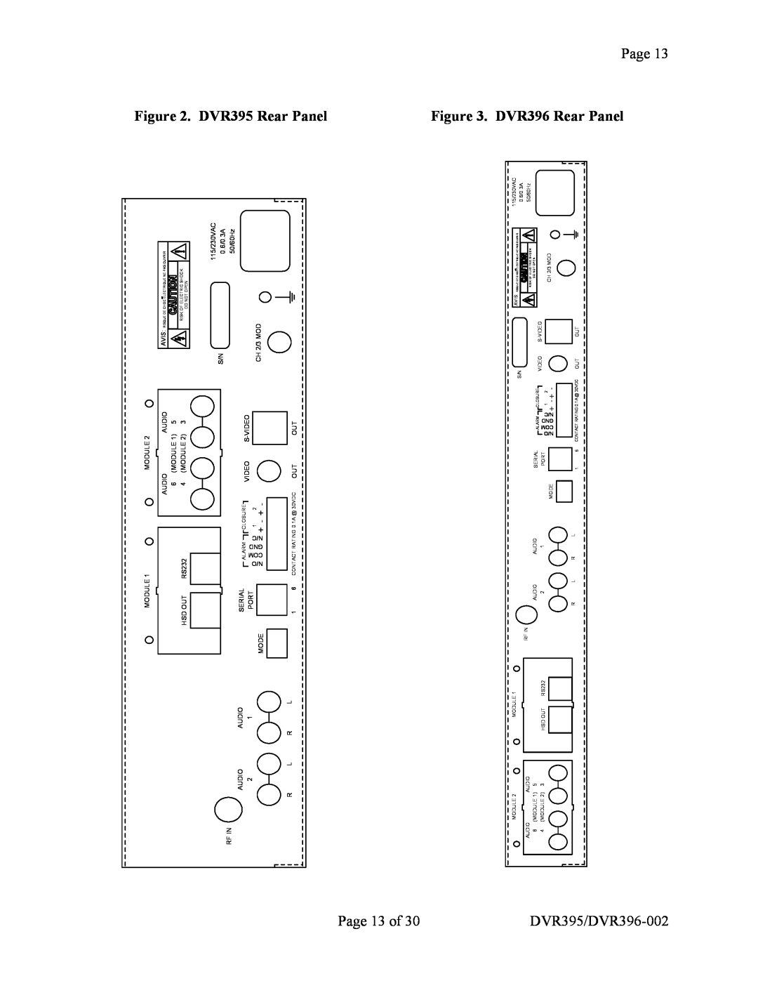 Wegener Communications manual DVR395 Rear Panel, RearDVR396 Panel, Page 13 of, DVR395/DVR396-002 