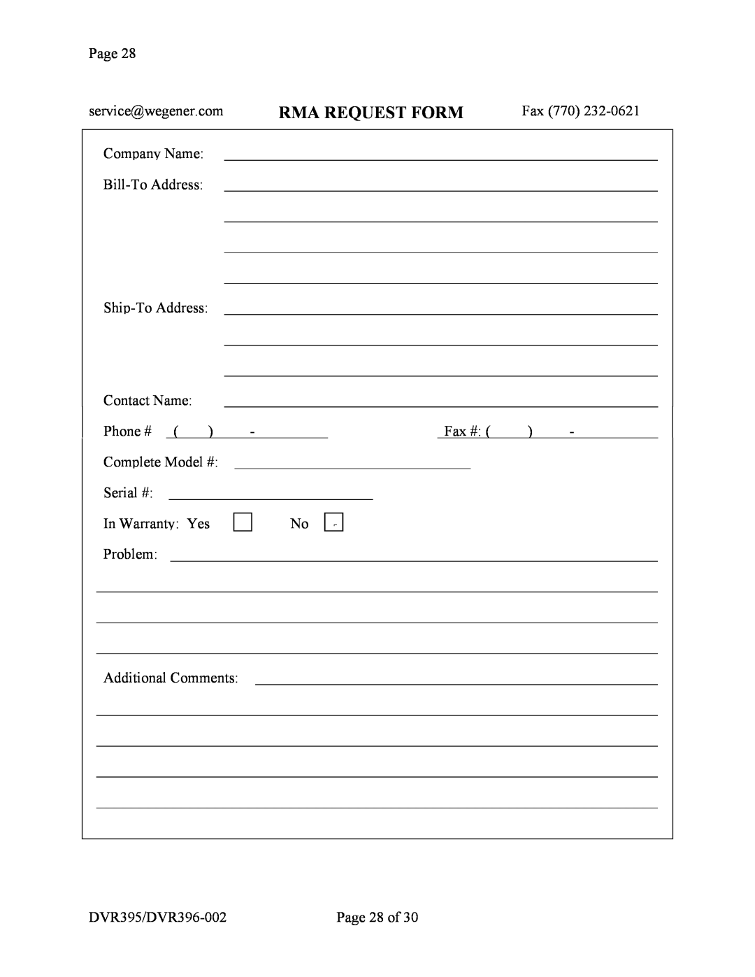 Wegener Communications DVR396, DVR395 manual Rma Request Form 