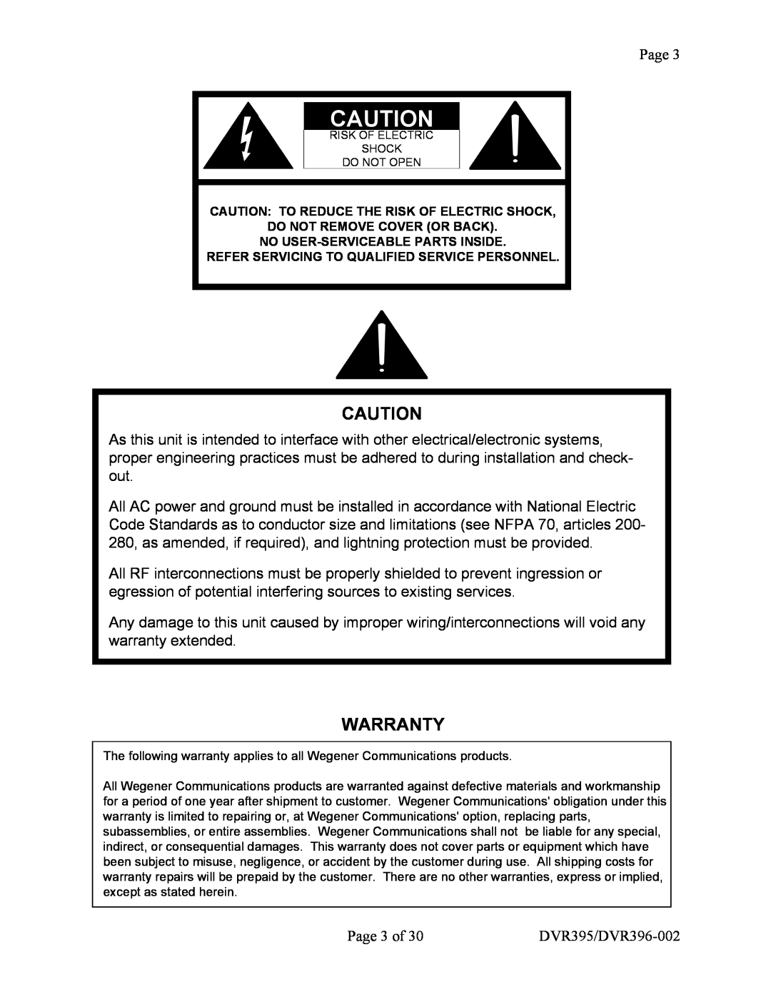 Wegener Communications manual Warranty, Page 3 of, DVR395/DVR396-002 