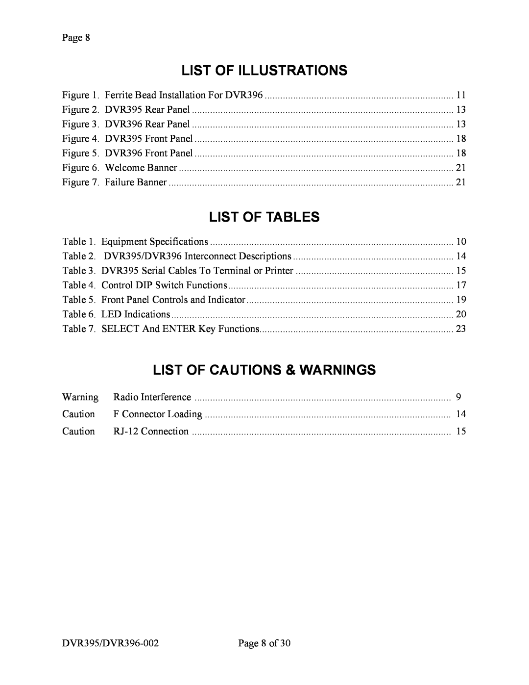 Wegener Communications DVR396, DVR395 manual List Of Illustrations, List Of Tables, List Of Cautions & Warnings 