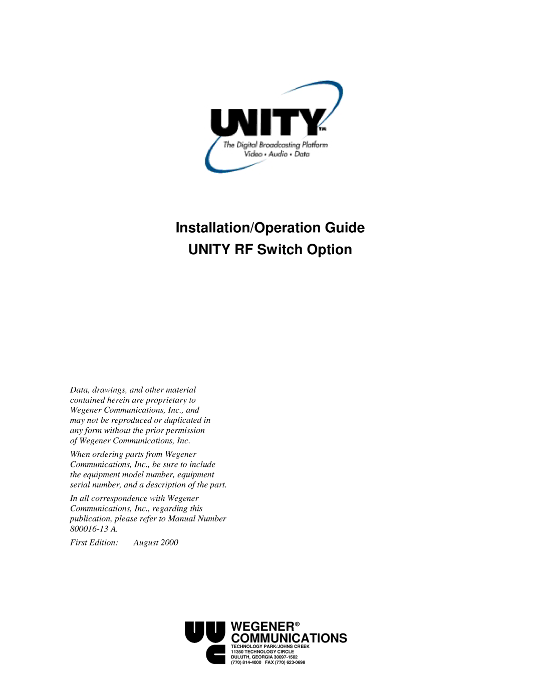 Wegener Communications manual Installation/Operation Guide Unity RF Switch Option 