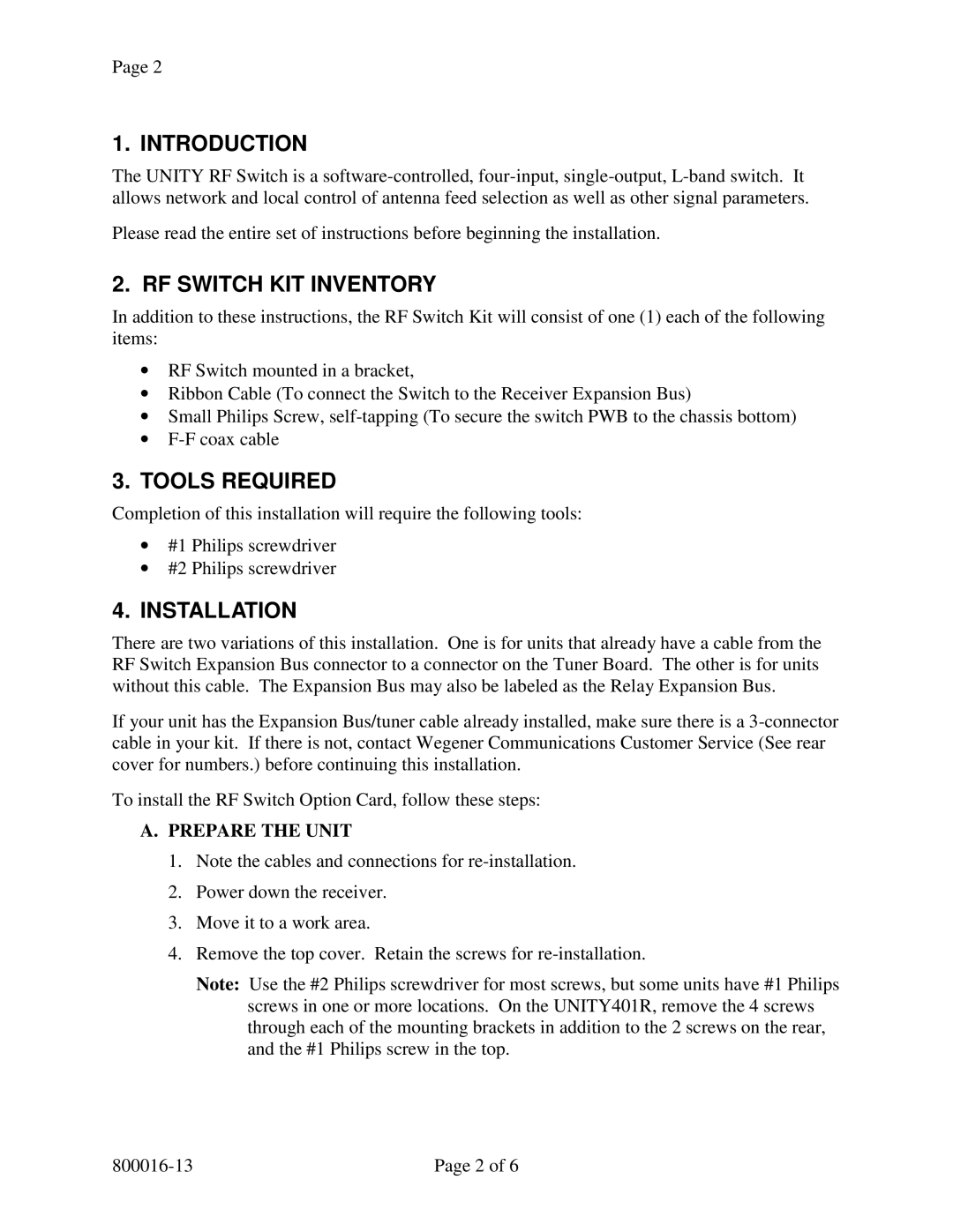 Wegener Communications Unity RF Switch manual Introduction, Prepare the Unit 