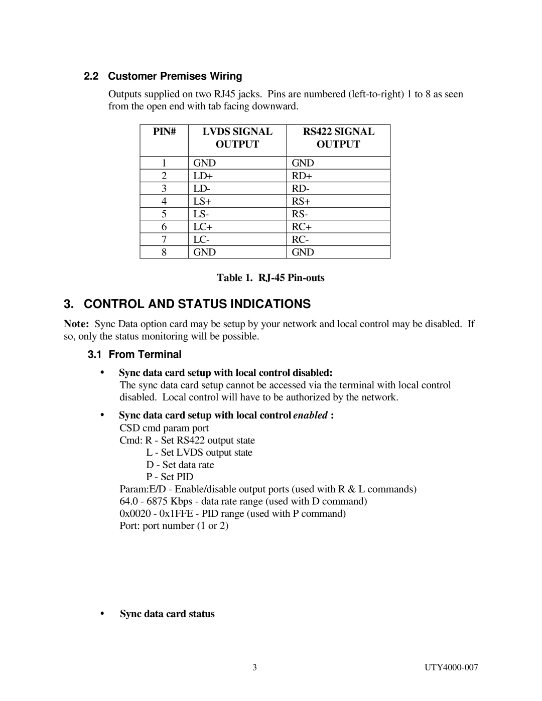 Wegener Communications Unity Satellite Receiver Model Unity Synchronous Data Option manual Control and Status Indications 