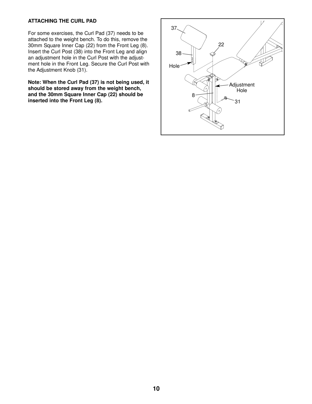 Weider 140 user manual Attaching the Curl PAD 