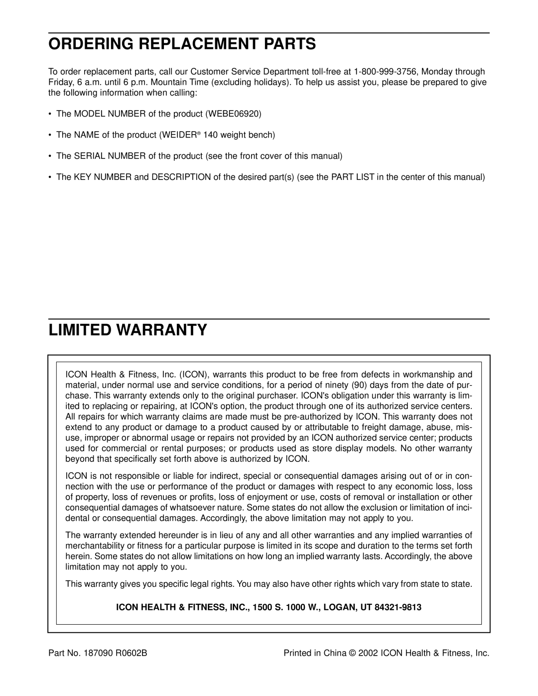 Weider 140 user manual Ordering Replacement Parts, Limited Warranty 