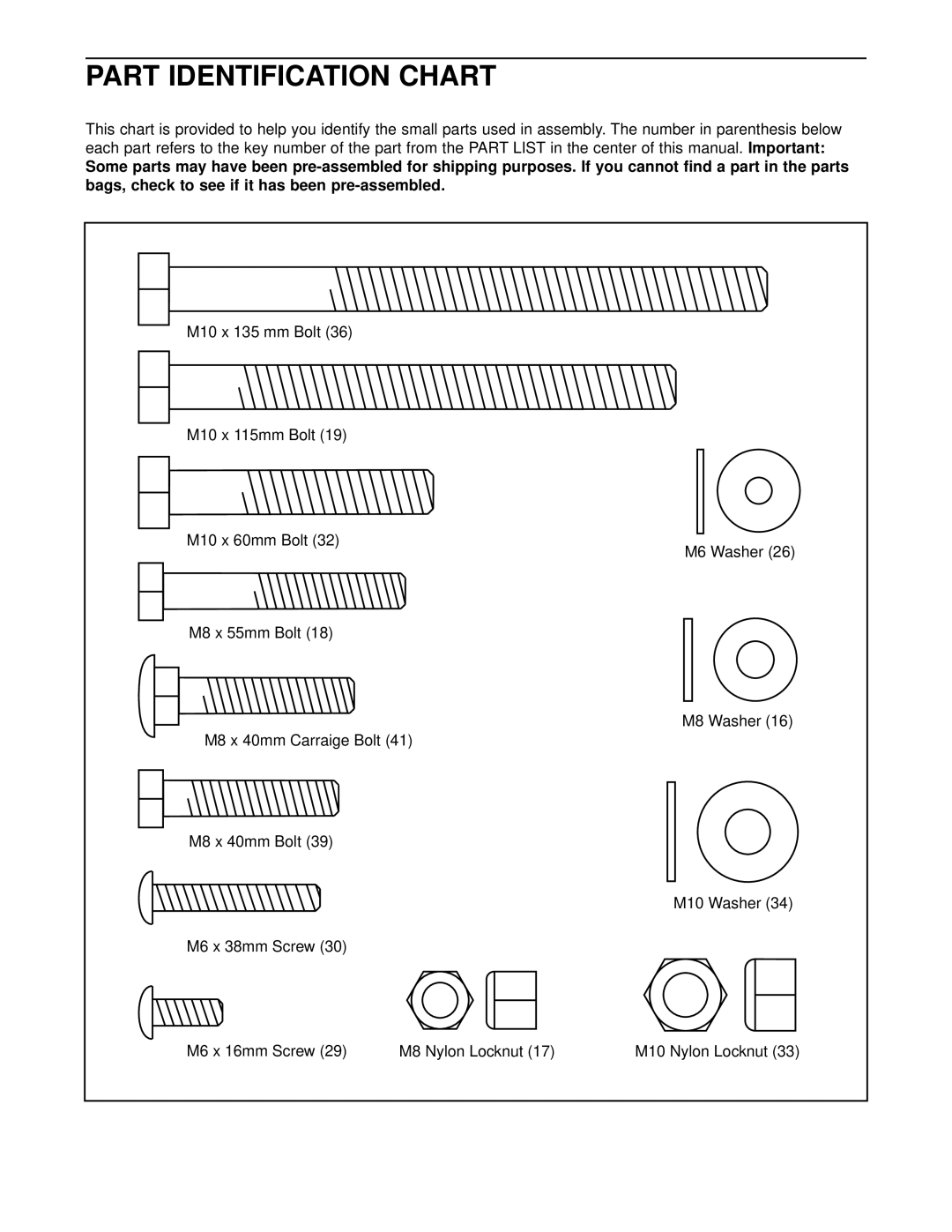 Weider 140 user manual Part Identification Chart 