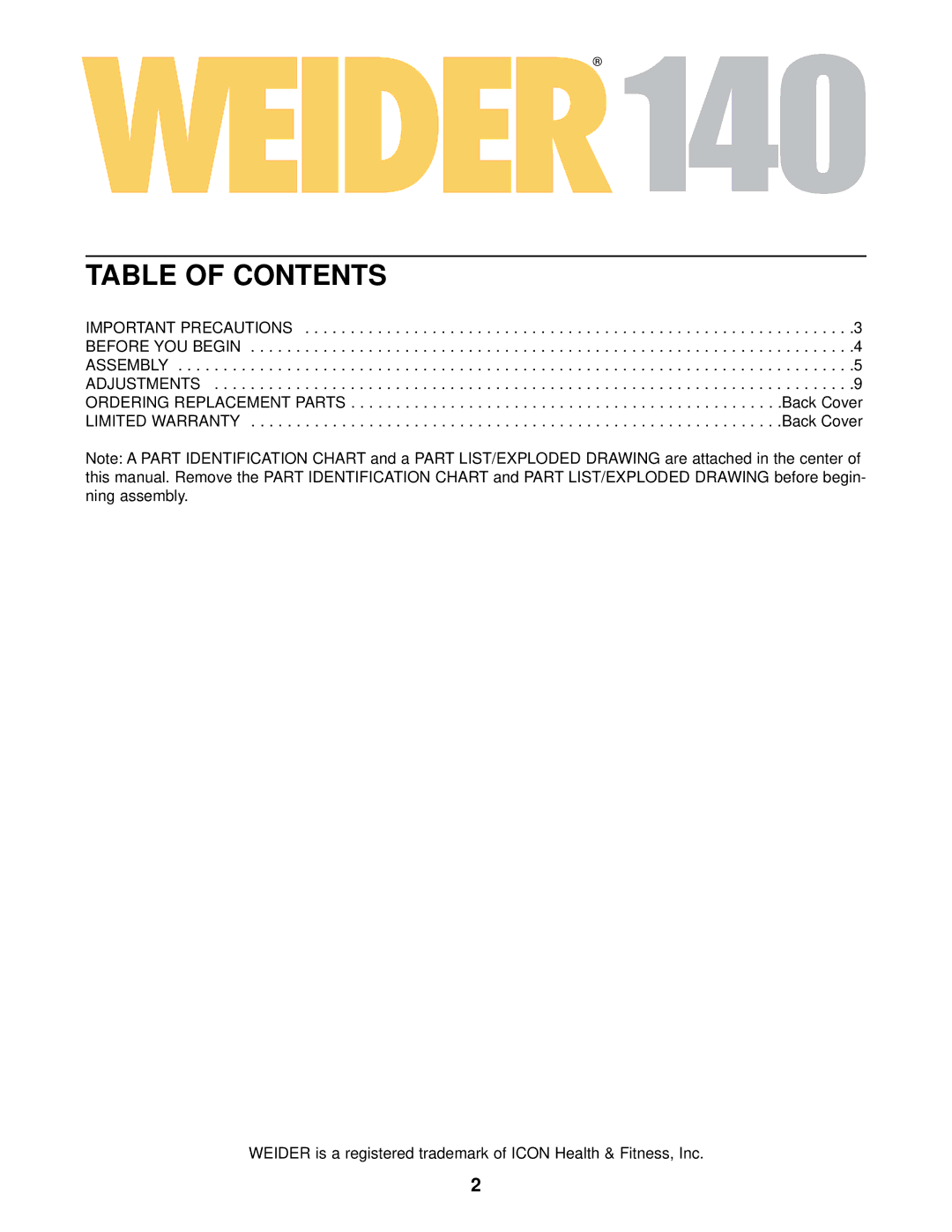 Weider 140 user manual Table of Contents 