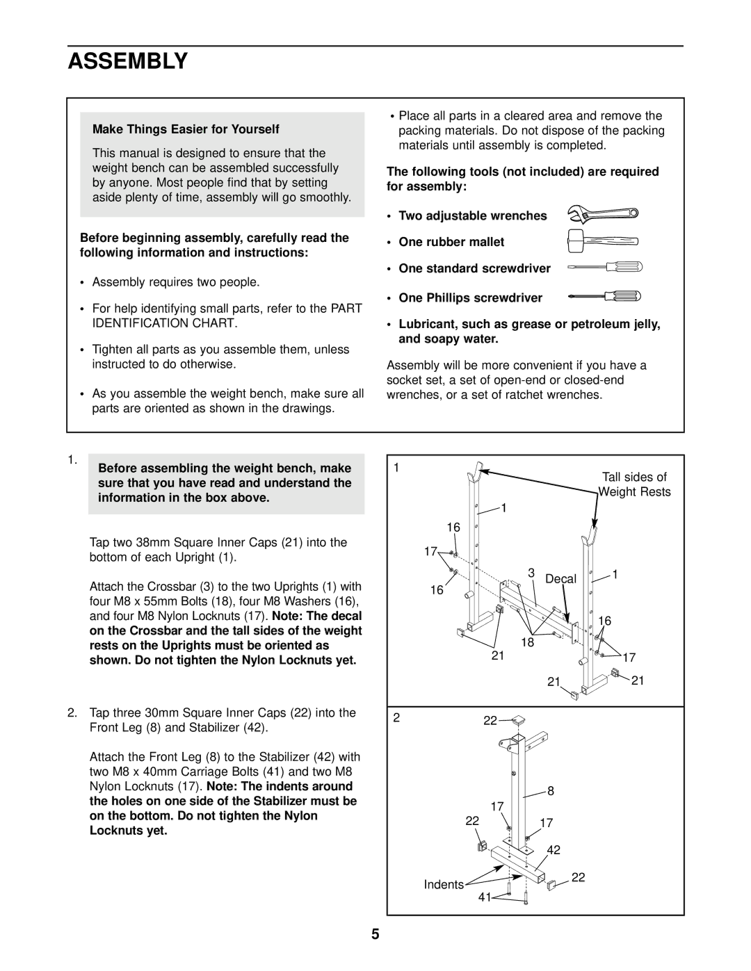 Weider 140 user manual Assembly, Make Things Easier for Yourself 