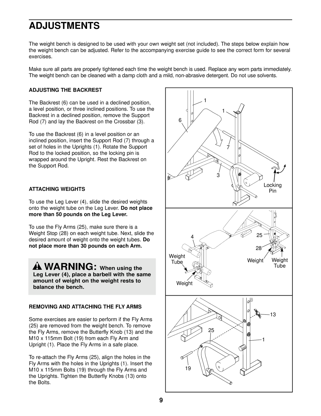 Weider 140 user manual Adjustments, Adjusting the Backrest 