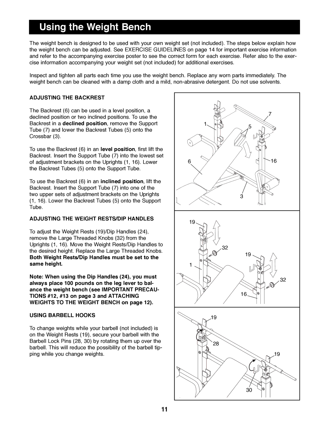 Weider 148 Using the Weight Bench, Adjusting the Backrest, Adjusting the Weight RESTS/DIP Handles, Using Barbell Hooks 