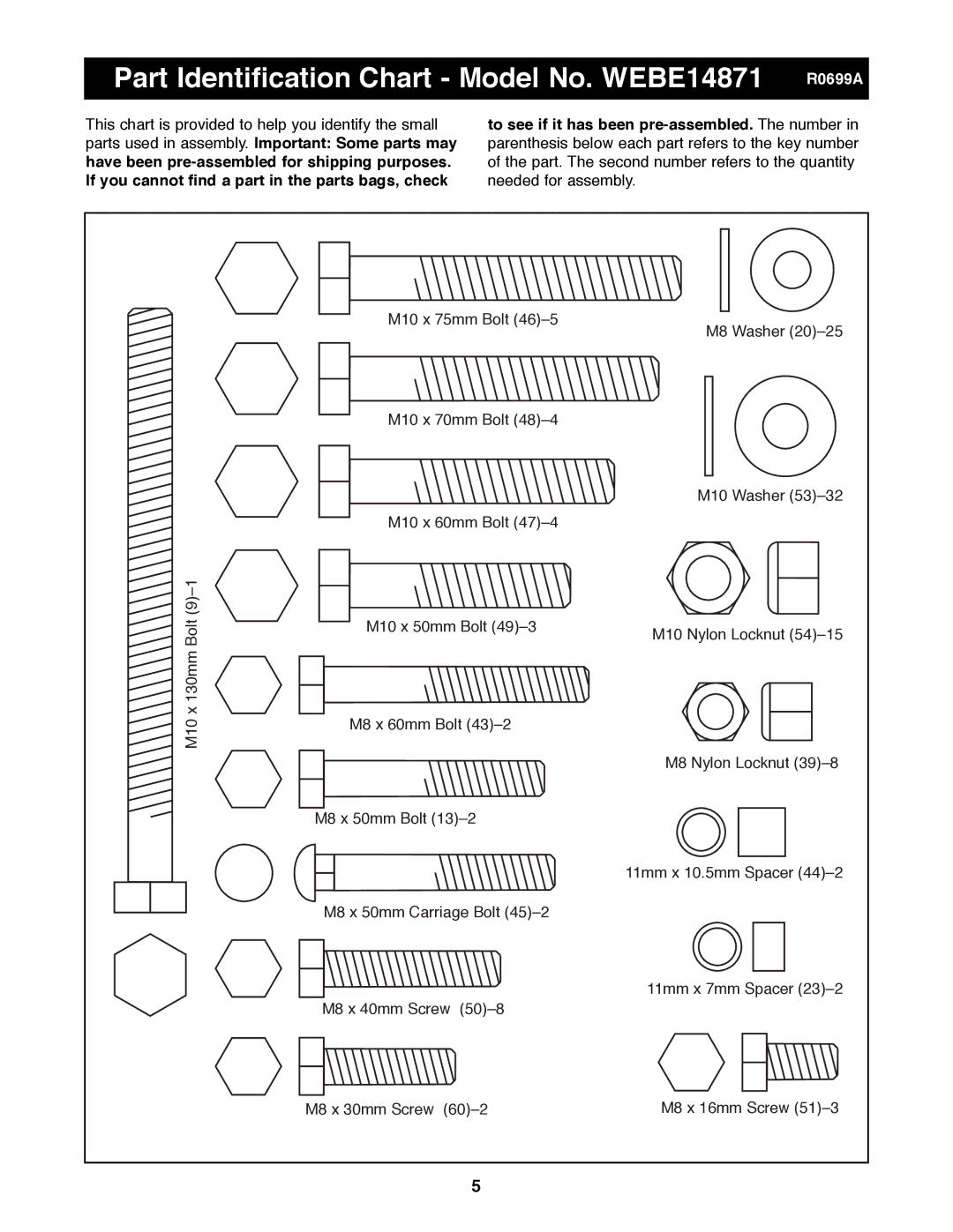 Weider manual Part Identification Chart Model No. WEBE14871 R0699A 