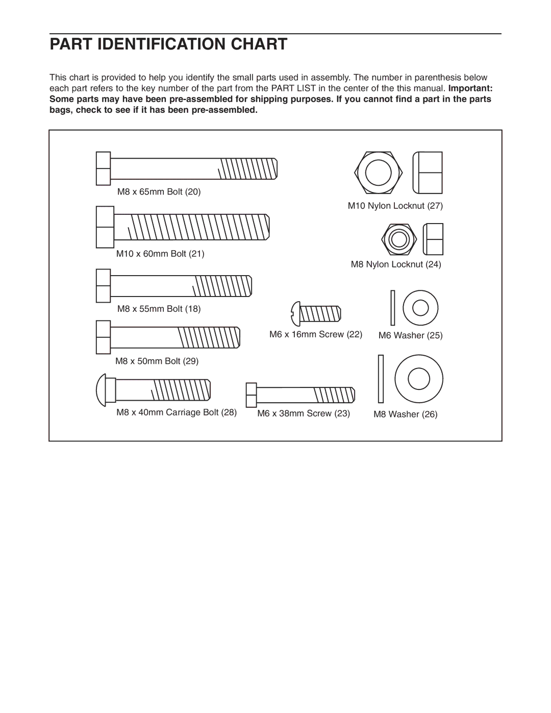 Weider 150722 user manual Part Identification Chart 