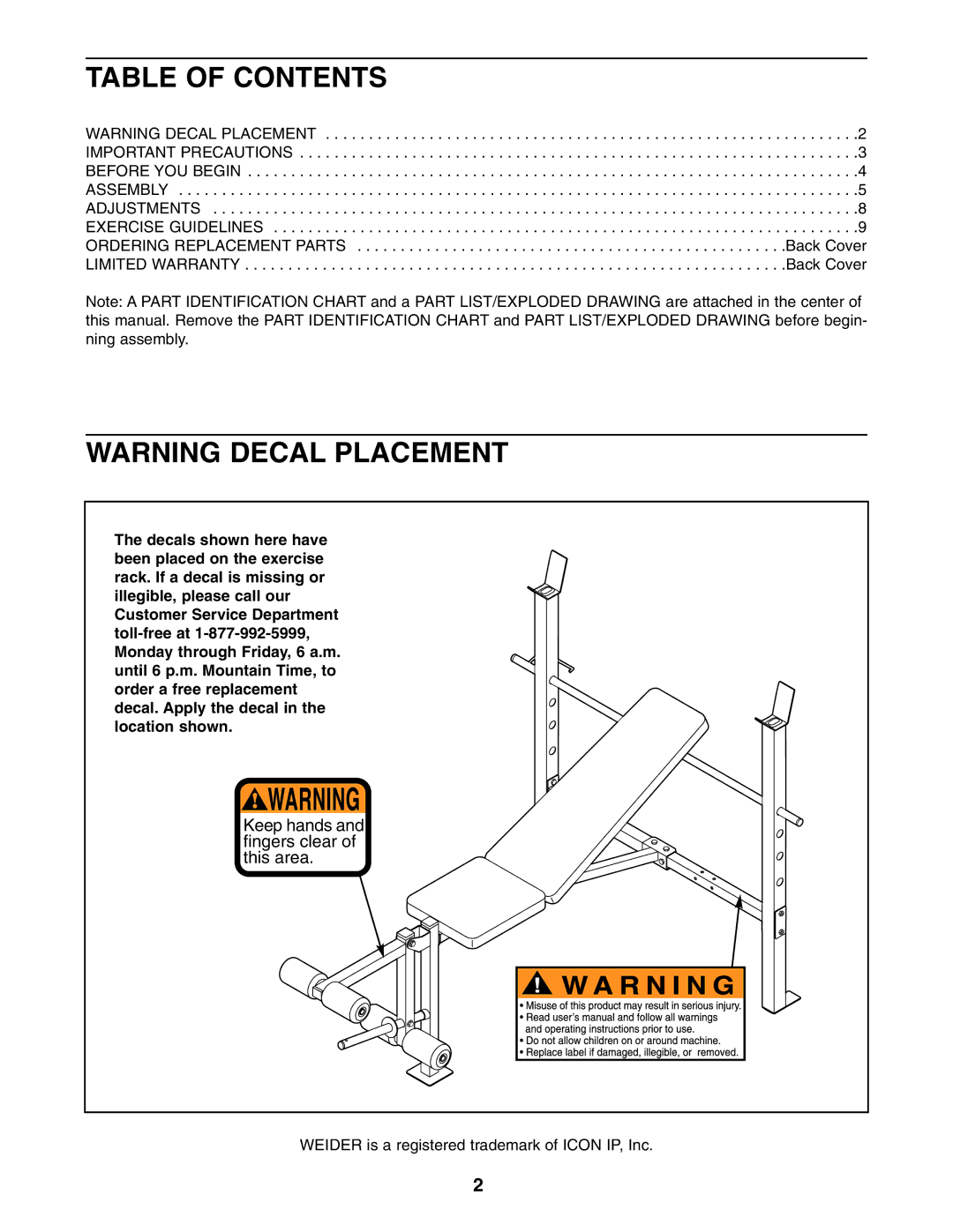 Weider 150722 user manual Table of Contents 