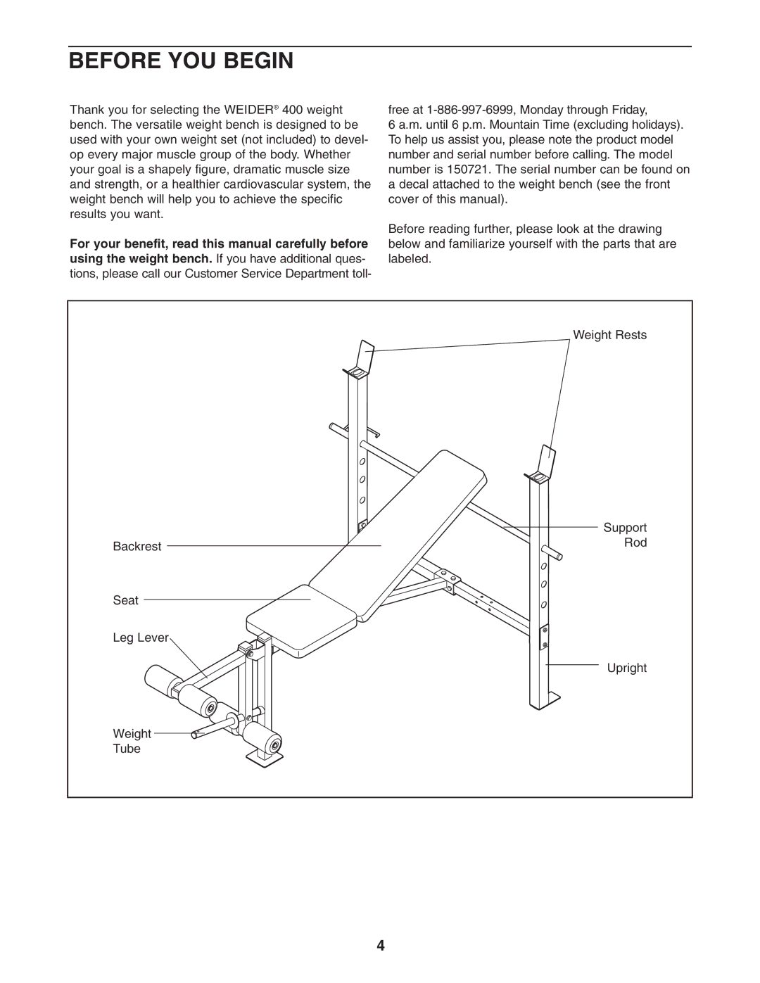 Weider 150722 user manual Before YOU Begin 