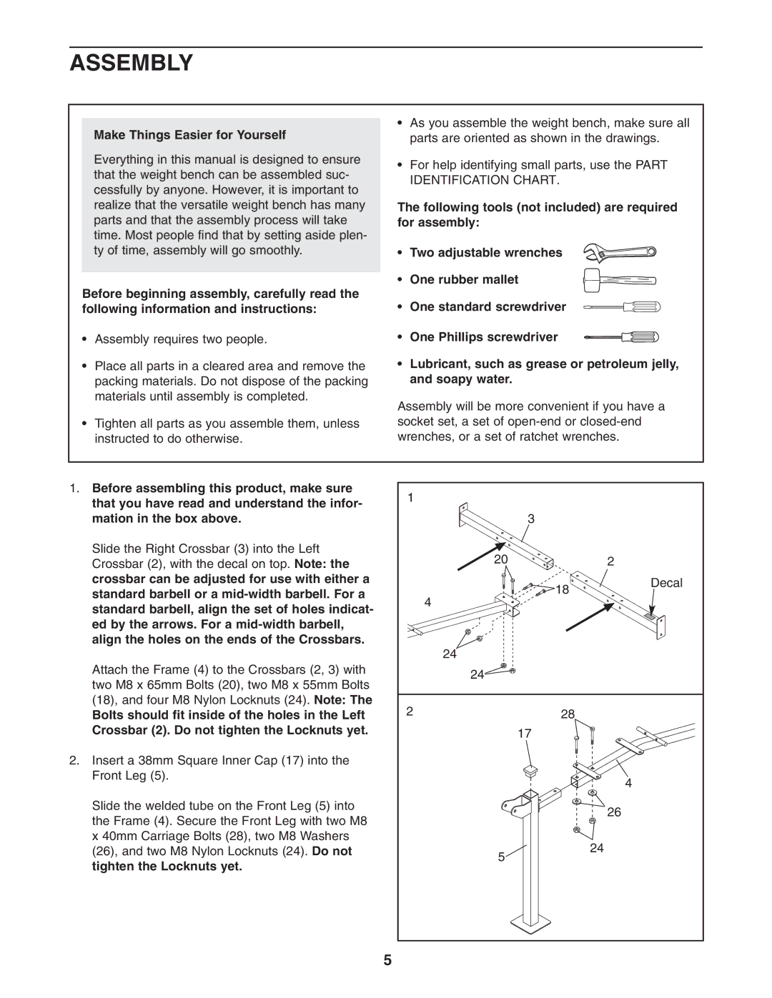 Weider 150722 user manual Assembly, Make Things Easier for Yourself 