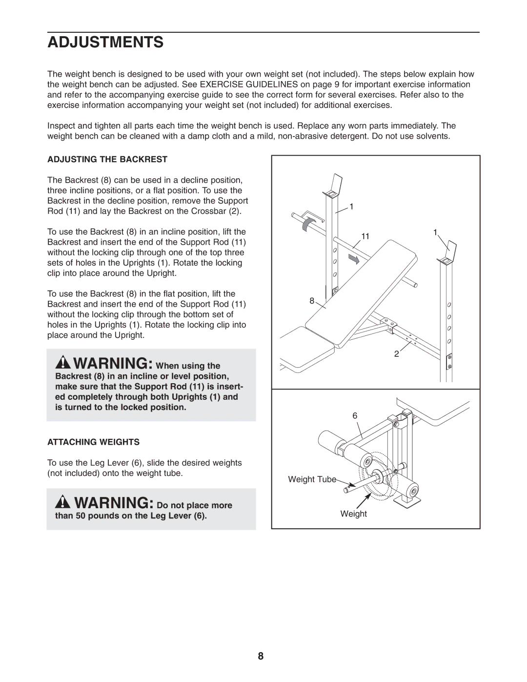 Weider 150722 user manual Adjustments, Adjusting the Backrest, Attaching Weights 