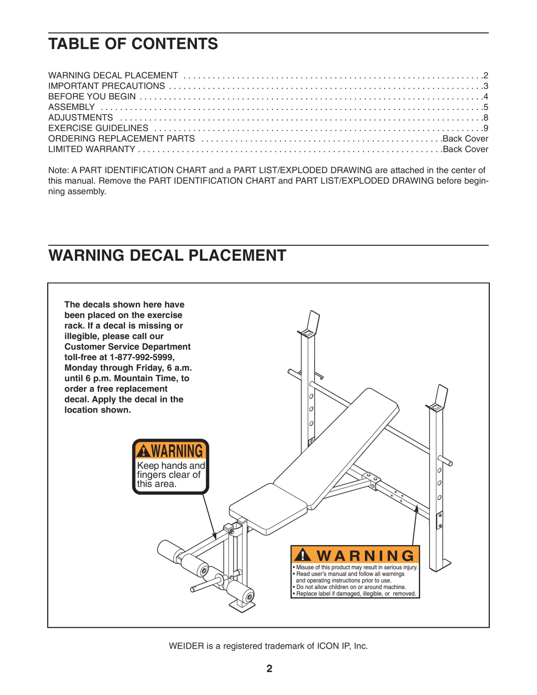 Weider 150722 user manual Table Of Contents, Warning Decal Placement, Keep hands and fingers clear of this area 