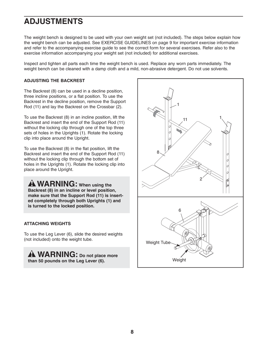Weider 150722 user manual Adjustments, Adjusting The Backrest, Attaching Weights 