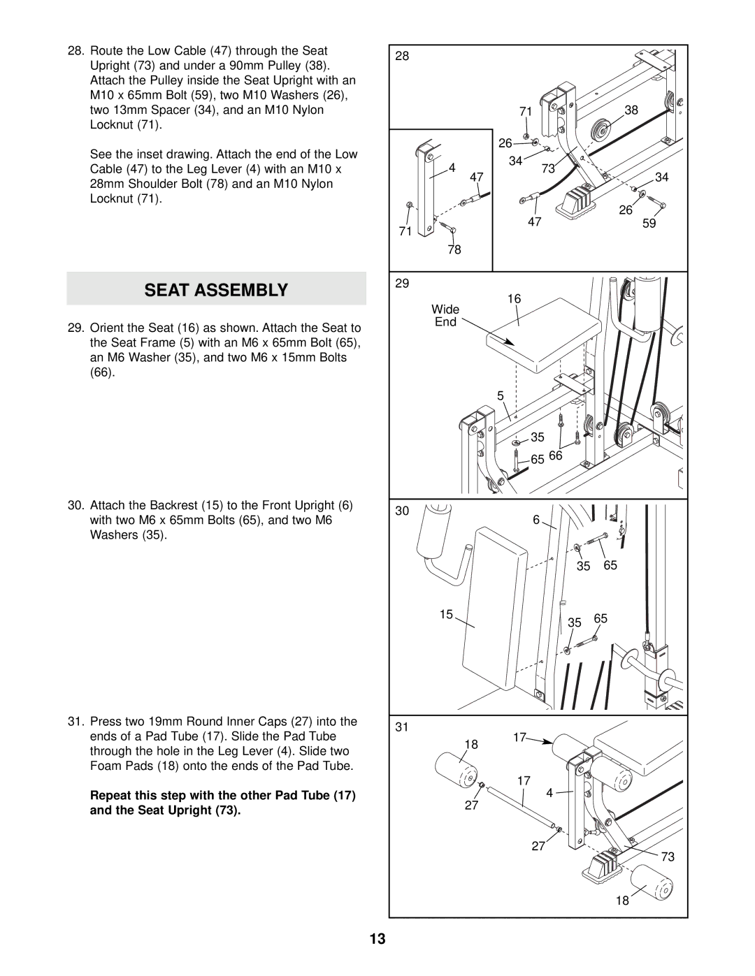 Weider 15CT user manual Seat Assembly 