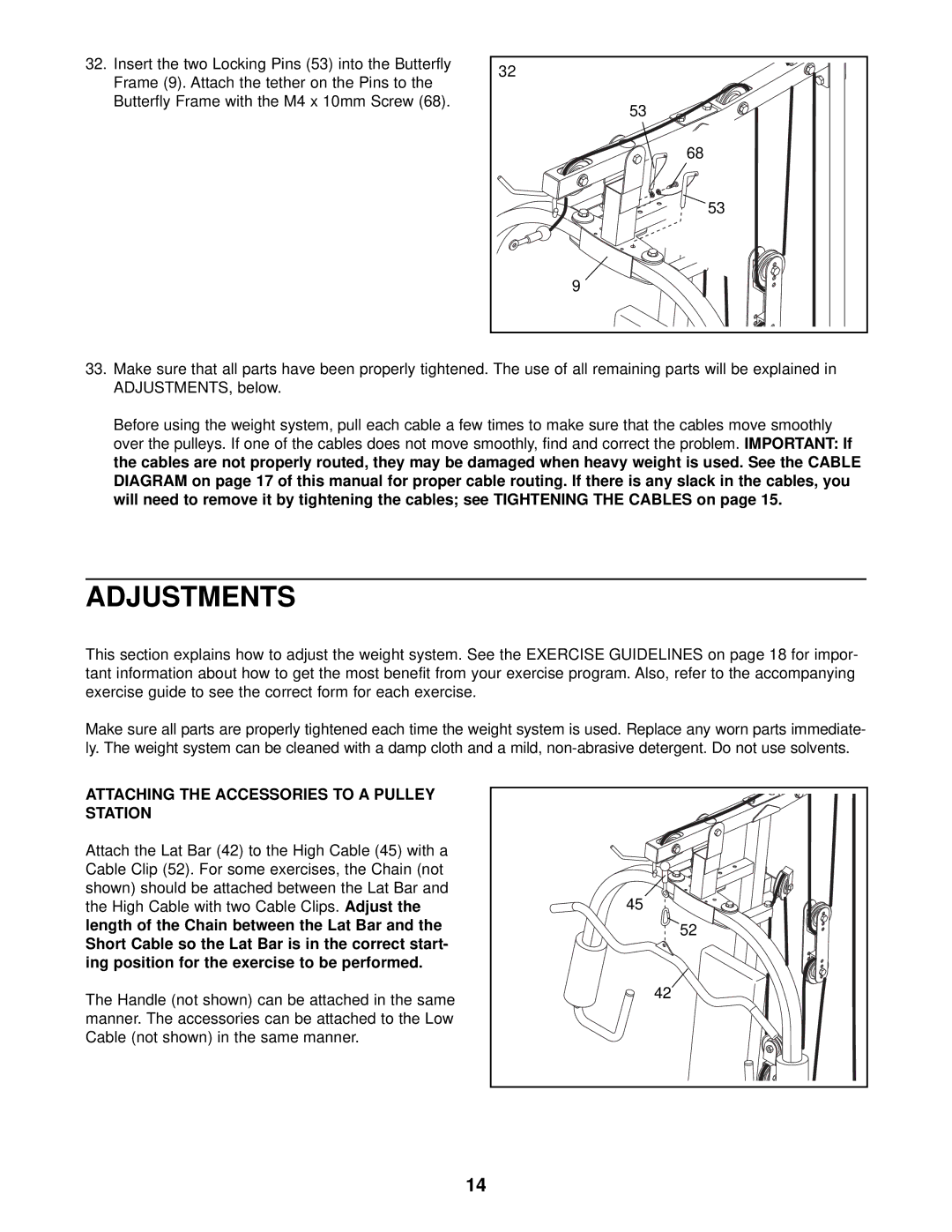 Weider 15CT user manual Adjustments, Attaching the Accessories to a Pulley Station 