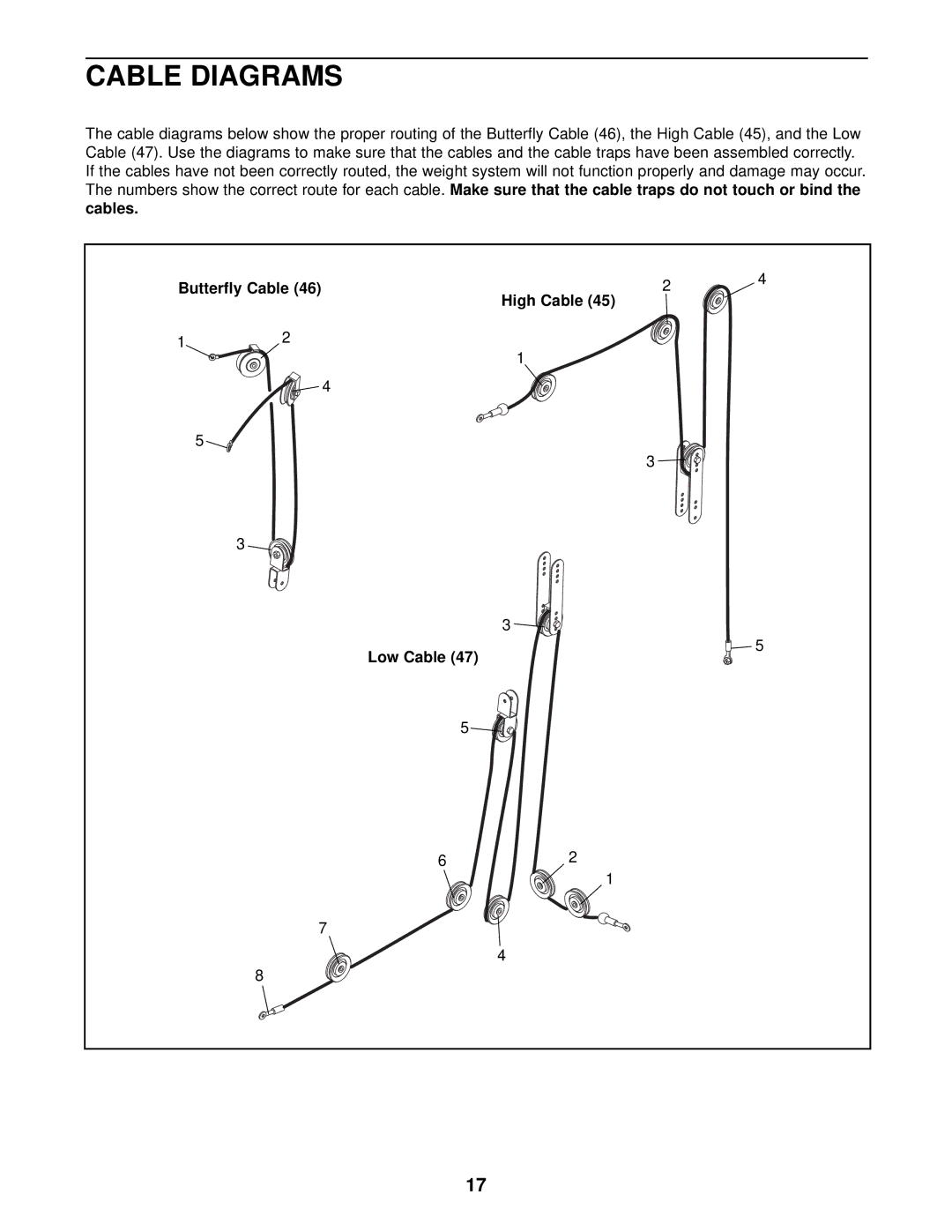 Weider 15CT user manual Cable Diagrams, Butterfly Cable High Cable Low Cable 