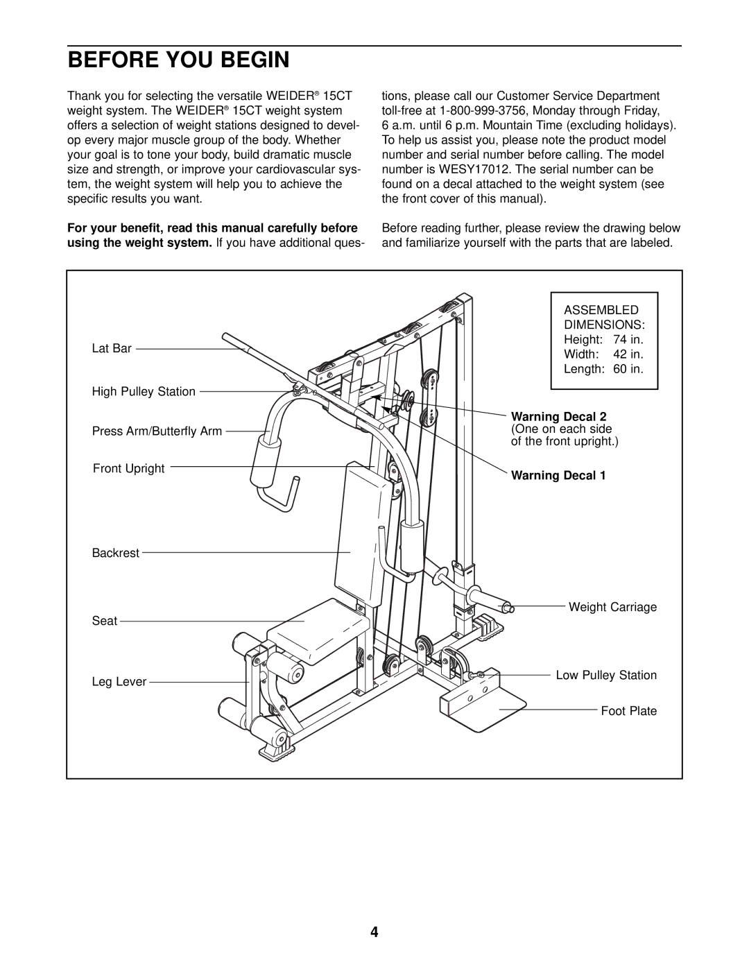 Weider 15CT user manual Before YOU Begin, For your benefit, read this manual carefully before 