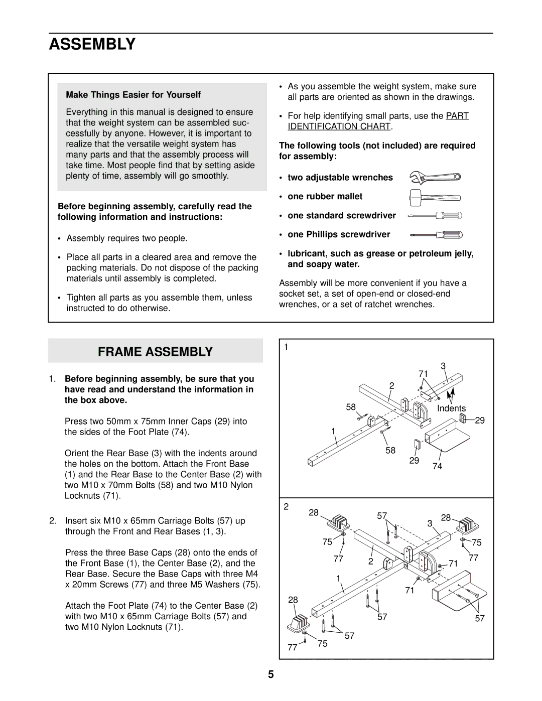 Weider 15CT user manual Frame Assembly, Make Things Easier for Yourself 