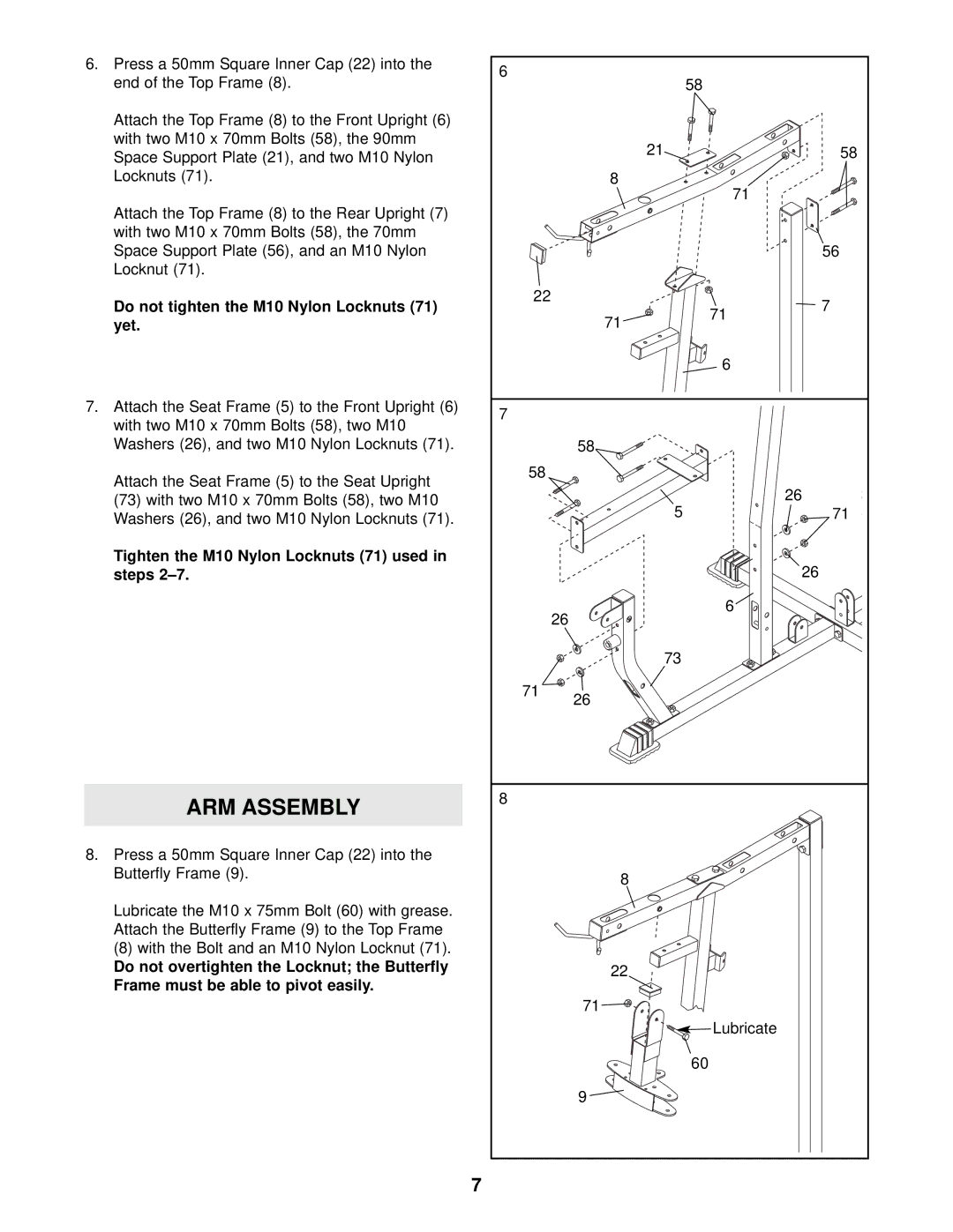 Weider 15CT user manual ARM Assembly, Tighten the M10 Nylon Locknuts 71 used in steps 