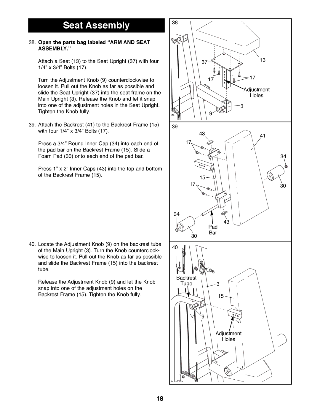 Weider 16.8ST manual Seat Assembly, Open the parts bag labeled Òarm and Seat ASSEMBLY.Ó 