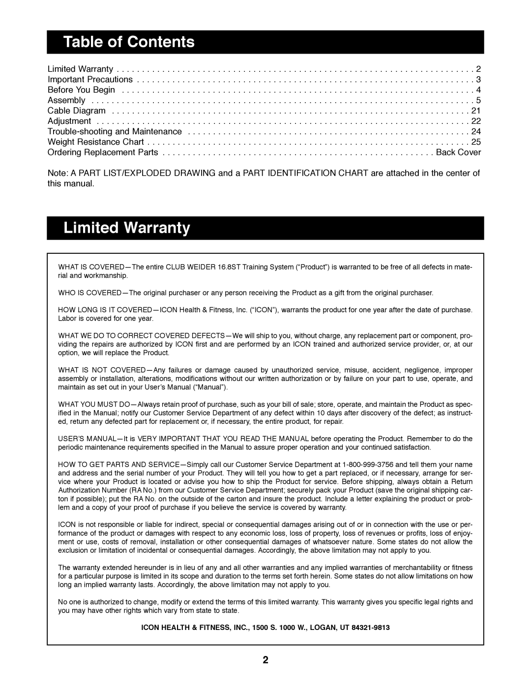 Weider 16.8ST manual Table of Contents, Limited Warranty 