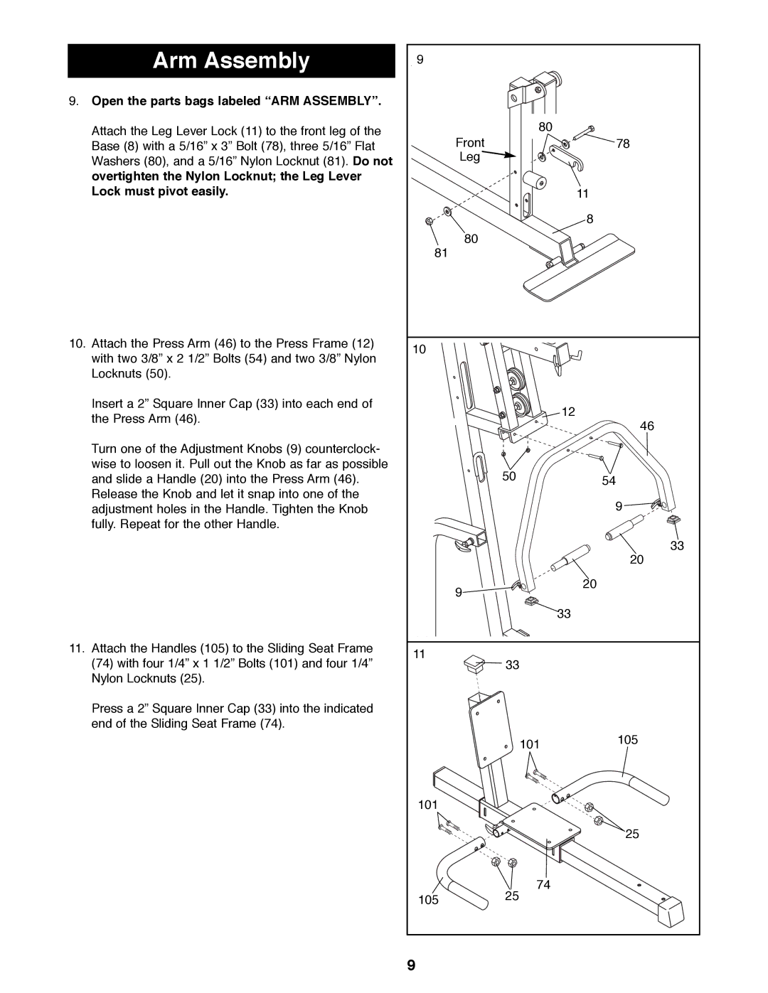 Weider 16.8ST manual Arm Assembly, Open the parts bags labeled Òarm Assemblyó 