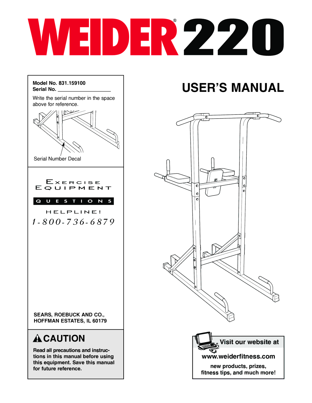 Weider 220 user manual Model No Serial No, SEARS, Roebuck and CO., Hoffman ESTATES, IL 