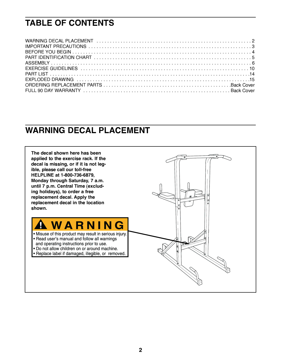 Weider 220 user manual Table of Contents 