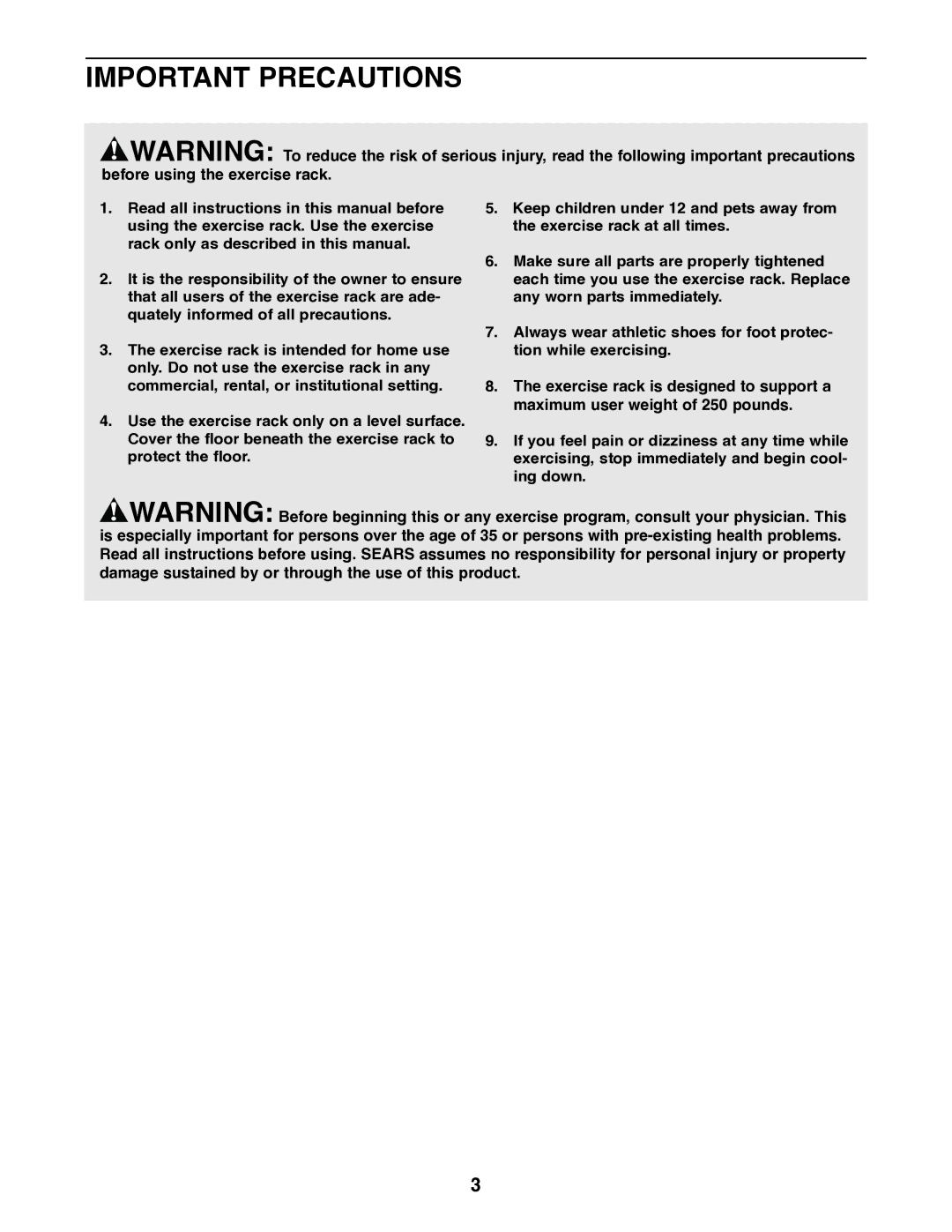 Weider 220 user manual Important Precautions 