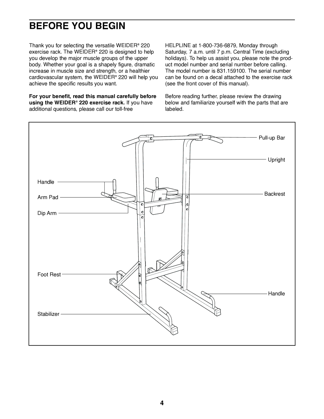 Weider 220 user manual Before YOU Begin 