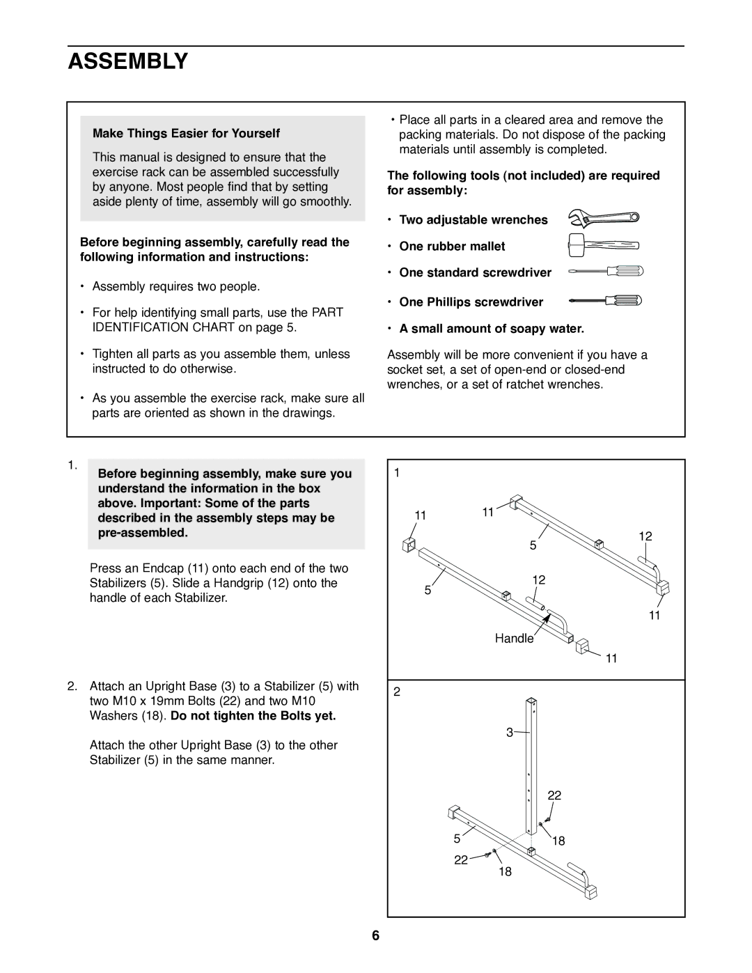 Weider 220 user manual Assembly, Make Things Easier for Yourself 