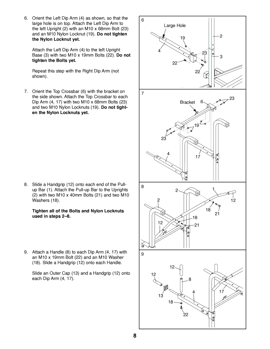 Weider 220 user manual Tighten all of the Bolts and Nylon Locknuts used in steps 