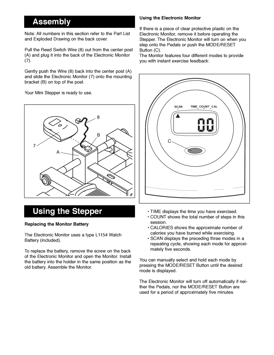 Weider 28ST manual Assembly, Using the Stepper, Using the Electronic Monitor, Replacing the Monitor Battery 