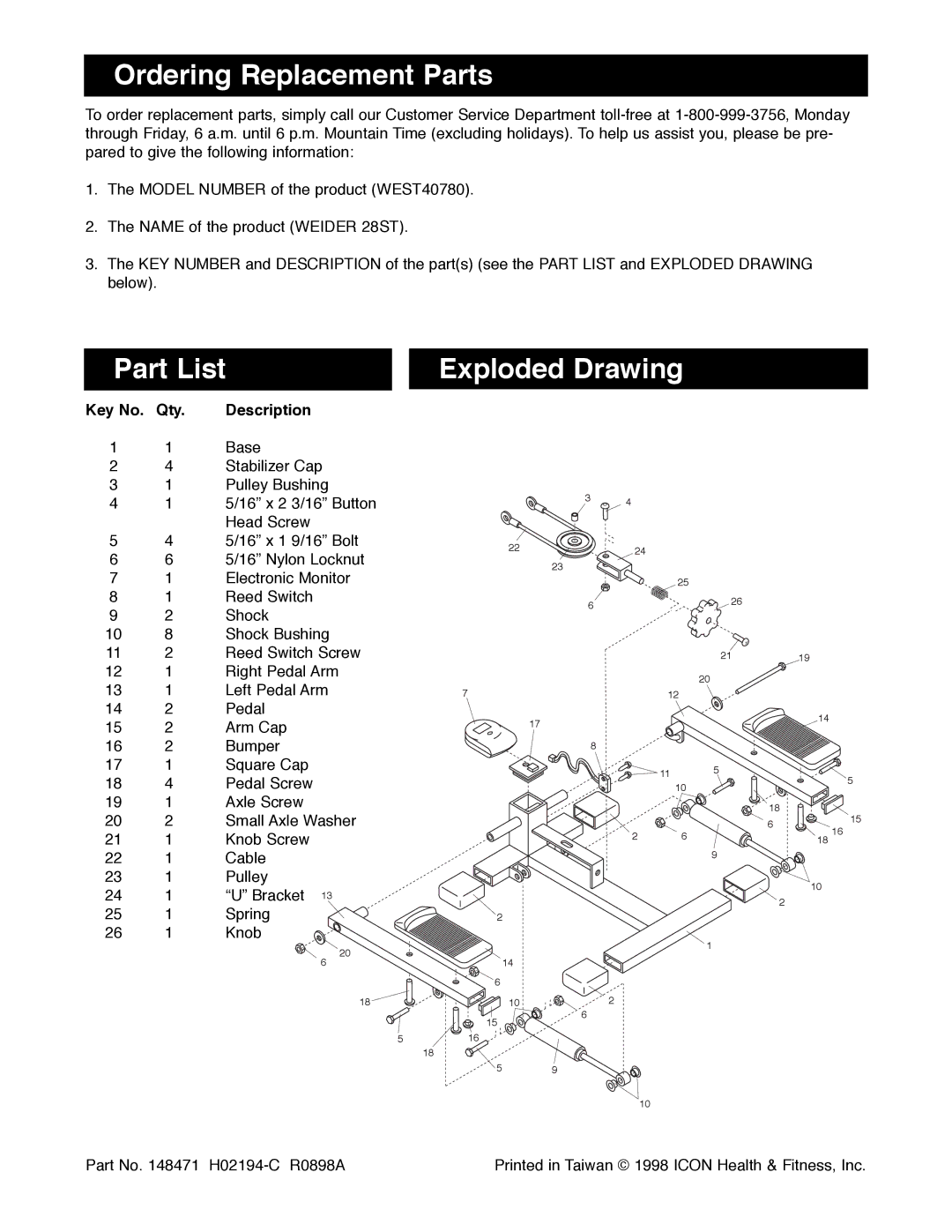 Weider 28ST manual Ordering Replacement Parts, Part List Exploded Drawing, Qty Description 