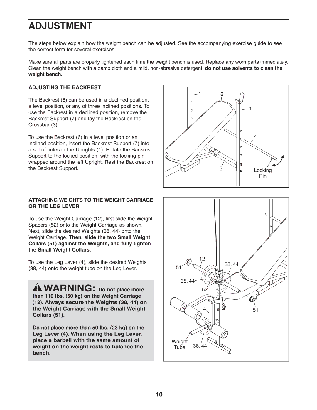 Weider 30664.0 Adjustment, Weight bench, Adjusting the Backrest, Attaching Weights to the Weight Carriage or the LEG Lever 