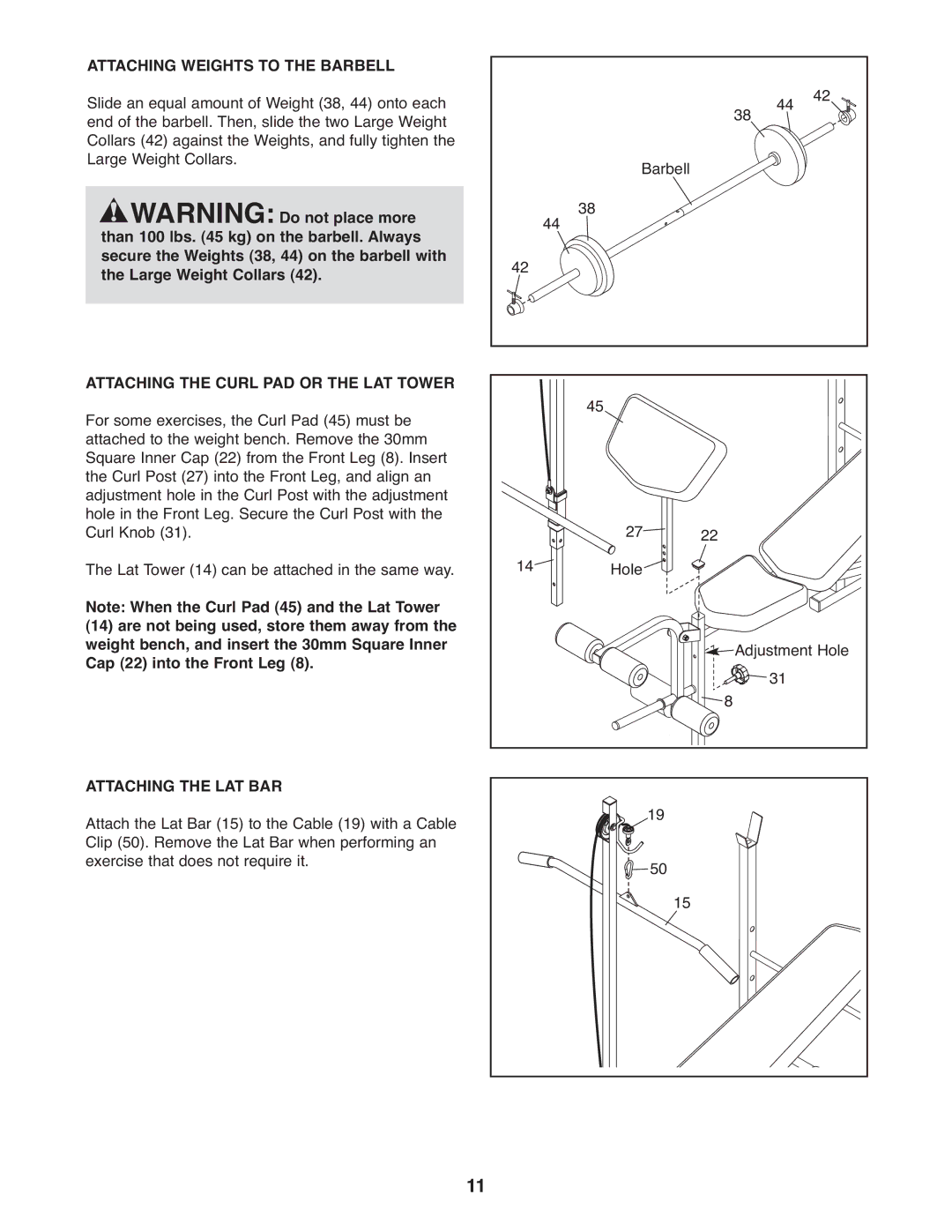 Weider 30664.0 user manual Attaching Weights to the Barbell, Attaching the LAT BAR 